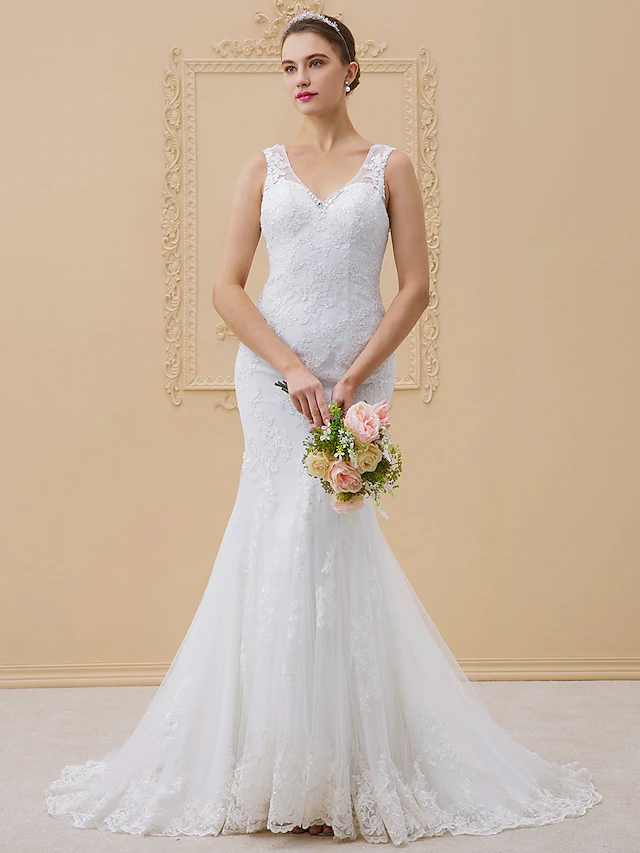 Luolandi Wedding Dresses V Neck Chapel Train Tulle All Over Lace Lace Over Tulle Regular Straps Sexy Illusion Detail Backless with Beading